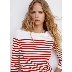 MNG Mango Cotton Striped Top XL Nautical Breton Long Sleeve T-Shirt‎ Boatneck